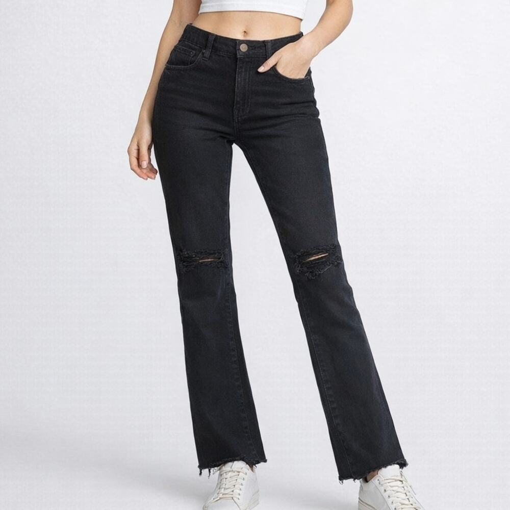 Mumu Blue Black High Rise Crop Kick Flare Jeans Raw Hem Womens 29